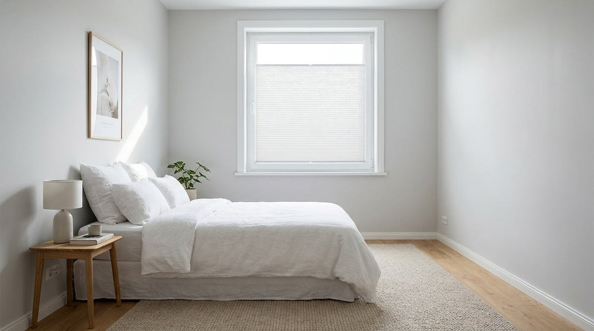 Helles Schlafzimmer mit Blanc de Blanc Wabenplissee direkt am Fenster von Ella Plissee