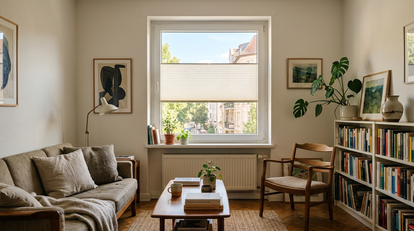 Sonnenschutz mit Wabenplissee in einer warmen Berliner Wohnung